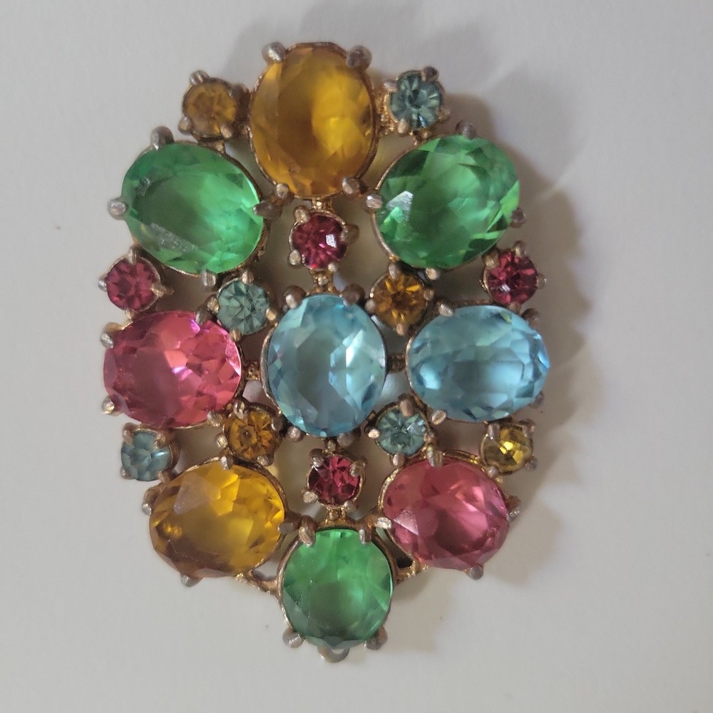 Vintage Multi Color Glass Crystal Gold Tone Oval Pendant  Charm 2" Fairycore
